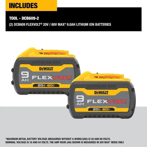 FLEXVOLT 20V/60V MAX Battery Pack 9.0 Ah Two-Pack for Power Tools on gray background, model DCB609-2 shown.