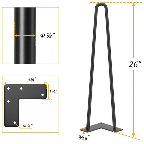 Solid Steel Hairpin Table Legs 26 Inch, 1/2 Inch Thick Black Finish, 4 Pack For DIY Side Tables Nightstands Desks Benches