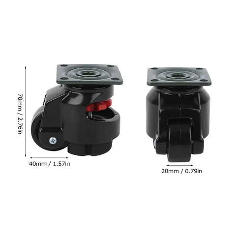 Heavy Duty Adjustable Leveling Casters With Ratchet Handles For Rock Solid Stability And Easy Rolling Of Workbenches Shop Gear And Big Machinery Four Pack close-up of caster dimensions and design features
