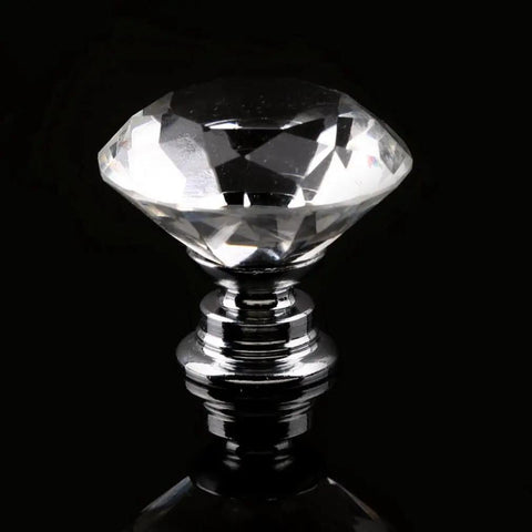 100 Pack Clear Acrylic Cabinet Handles With Zinc Alloy Base 30mm Crystal Drawer Pulls For Kitchen Cabinets And Wardrobes Heavy Duty Furniture Hardware. Close-up of crystal drawer pull with a chrome base.