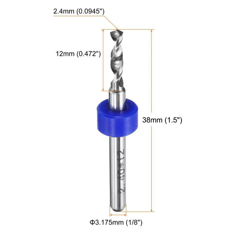 20 Pc Micro PCB Drill Bit Set 2.4mm Tungsten Carbide Twist Drill Bits With One Eighth Inch Shank detailed dimensions view