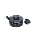 Two-piece electromagnetic brake assembly for servo motor; round black housing with gear ring and toothed coupling.