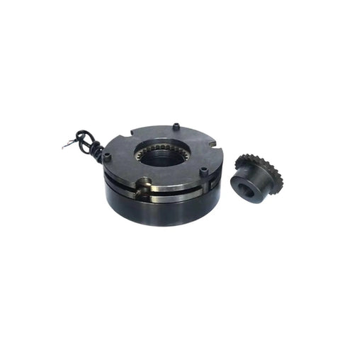 Front view of electromagnetic brake housing for servo/stepper motor; black round unit with gear ring and small drive gear.