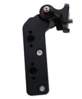 HangTon monitor bracket mount, black metal, side view showing pivot joint and multiple mount holes for 1/4-20 and 3/8-16 screws