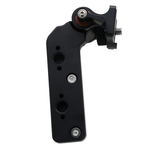 HangTon monitor bracket mount, black metal, side view showing pivot joint and multiple mount holes for 1/4-20 and 3/8-16 screws