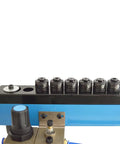 Close-up view of Beefed Up M3 To M12 Pneumatic Vertical Tapping Machine with aluminum build and torque protection features.
