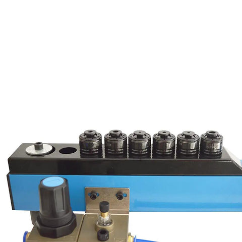 Close-up view of Beefed Up M3 To M12 Pneumatic Vertical Tapping Machine with aluminum build and torque protection features.