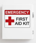 Emergency First Aid Kit Cabinet Sticker Decal 3.5 By 5 Inch High Visibility Vinyl Sign on white cabinet door