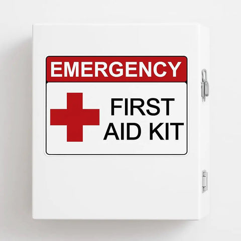Emergency First Aid Kit Cabinet Sticker Decal 3.5 By 5 Inch High Visibility Vinyl Sign on white cabinet door