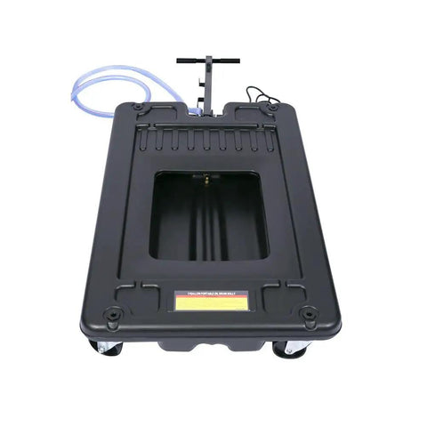 Heavy Duty 17 Gallon Electric Oil Drain Cart With Powerful 110V Pump System And Swivel Casters Plus 7 Ft Hose showing top view with drain opening.