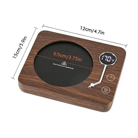 Electric Coffee Mug Warmer With Three Heat Settings And Four Hour Auto Shutoff, wooden design, 15cm x 12cm size, digital temperature display.