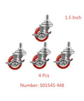 Pack Of 4 Red PVC 38mm Silent Furniture Casters With One And A Half Inch Screw Brake Swivel Wheel M8 Thread Heavy Duty