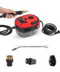 Portable Handheld Steam Cleaner Pressurized Steam Cleaning Machine Red High Temp 221F with hose and brush attachments.