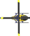 Top view of MD500 Style RC Helicopter for Adults, Easy as It Gets 2.4GHz Remote, Flybarless 6-Axis Gyro with yellow and blue design