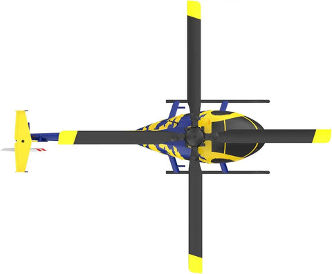 Top view of MD500 Style RC Helicopter for Adults, Easy as It Gets 2.4GHz Remote, Flybarless 6-Axis Gyro with yellow and blue design