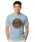 Cool Vintage Hammer Gear Badge Shiba T-Shirt For True DIY Guys Who Love Garage Art Retro Distressed Look Unisex Style With Bold Design, front view on model.