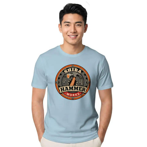 Cool Vintage Hammer Gear Badge Shiba T-Shirt For True DIY Guys Who Love Garage Art Retro Distressed Look Unisex Style With Bold Design, front view on model.