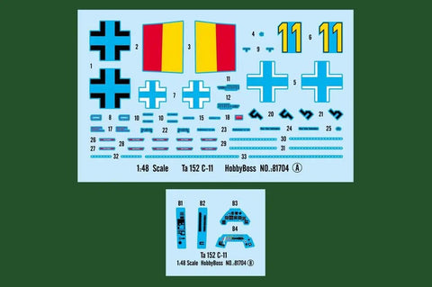 Decals for Ta 152 C-11 German Fighter Model Kit In One Forty-Eighth Scale With 8 Sprues, 100 Plus Parts, Decals And Full Color Painting Guide