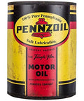 Distressed vintage Pennzoil wall decor, retro metal sign with classic logo for garages and man caves.
