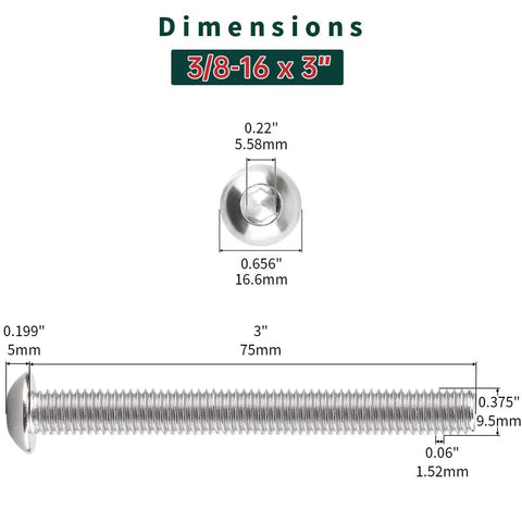Top Shelf Heavy Duty 3/8-16 X 3 Inch Button Head Socket Cap Screws 304 Stainless Steel Hex Bolts dimensions illustration.