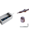 Fusitaro Whetstone Holder Reproduction Kit Featuring Aluminum Wood Stopper Heiss Steel Blade And Tapered Cone For Effortless Knife Sharpening Sweet Steady Hold No Drama Stone Base Setup components showing precision grinding jig and drill bits.