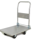 Heavy Duty Steel Platform Hand Truck And Four Wheel Folding Cart Made For No Sweat Moves And Smooth Everyday Hauls Around The House Garage Or Workbench Space, showing foldable design and smooth wheels.