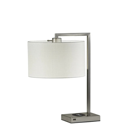 Austin Table Lamp With Dope Wireless Charging Pad And USB Port 7W LED Desk Lamp with brushed steel finish and white shade.