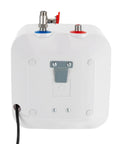 Under Counter Instant Electric Water Heater 1500 Watt Rapid Heat Small Tank Faucet Installation showing rear with connections and cable.