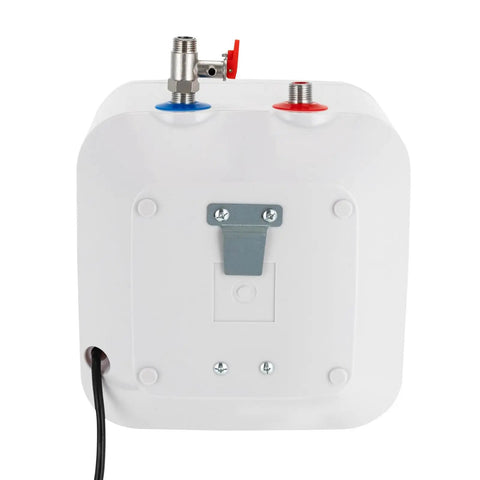 Under Counter Instant Electric Water Heater 1500 Watt Rapid Heat Small Tank Faucet Installation showing rear with connections and cable.
