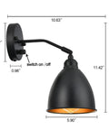 Set Of 2 Matte Black Bell Shade Wall Sconces With Switch, Hardwired 110V Lighting Fixtures, dimensions labeled