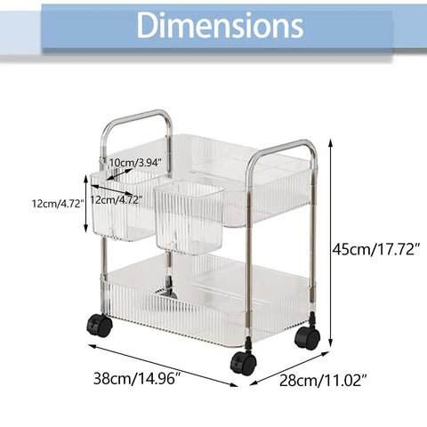 Two Tier Rolling Storage Cart On Wheels With Easy Grip Handle For Under Desk Mobility, Multi Purpose Trolley Organizer With Two Hanging Baskets, Great For Office, Kitchen, Bathroom And Home Organization with dimensions.