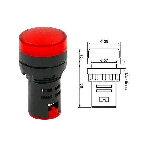 Red 22mm LED Indicator Light with dimensions, Heavy Duty for Industrial Machinery Control Circuits 220V AC Panel Mount
