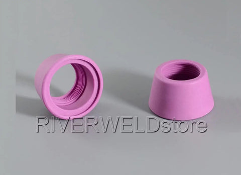 SG-55 AG-60 Plasma Cutter Torch Shield Cup Shroud Alumina Nozzle Ceramic Pack of 10 showing two pink cup shrouds