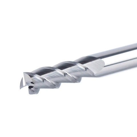 Close-up of Aluminum CNC End Mill With One Quarter Inch Shank And One Quarter Inch Cutting Diameter, showing three flutes.