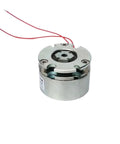 Front view of micro galvanic electromagnetic brake in silver metal housing with red wires.