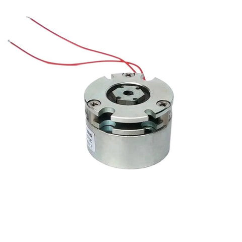 Front view of micro galvanic electromagnetic brake in silver metal housing with red wires.