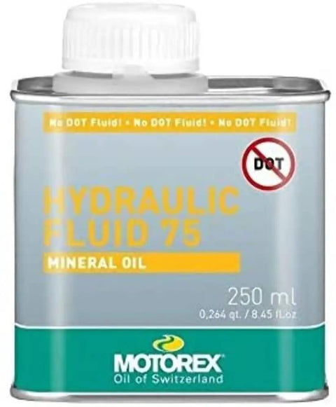 Bottle of Bike 75 Hydraulic Fluid For Hydraulic Brakes And Clutches, Mineral Base Oil, 250ml, for road and mountain bikes.