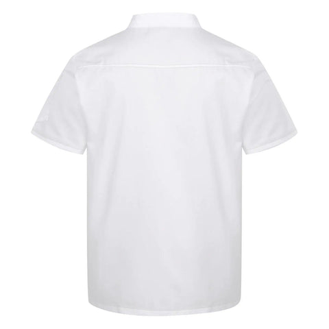 Back view of Killer Short Sleeve Chef Coat With Super Breathable Moisture Wicking Fabric And Roomy Utility Pockets.