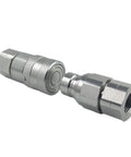 Angled side view of ISO16028 3/4 in NPT skid-steer flat-face hydraulic quick-connect couplers set with dust caps in silver metal
