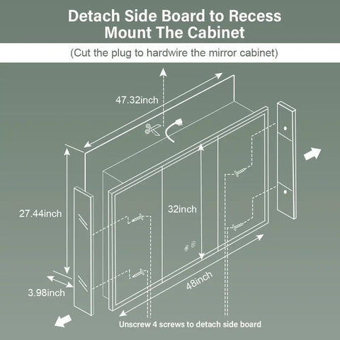 Diagram showing installation details for LED Medicine Cabinet 48 By 32 Inch With Demister, including dimensions and detachable side panels.