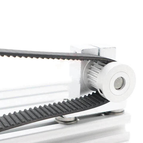 Tough As Nails GT2 Timing Belt for Power Transmission 2GT synchronous drive belt on pulley mechanism, close-up view