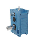 Workhorse Modular Gearbox Reducer Assembly Forged Tough For Pallet Jack Wheel Drives showing blue metal casing and chrome shafts.