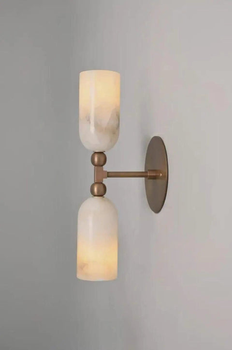 Alabaster Wall Sconce Lighting, Brass Wall Light Fixture with Natural Stone Shade, Double Cylinder Up Down Wall Lamp on wall.