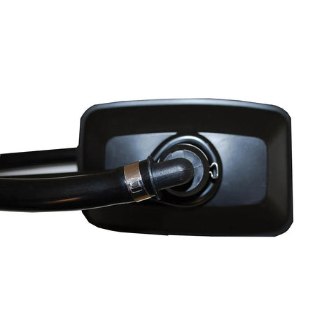 Close-up of black Universal Outboard Dual Water Feed Rectangular Motor Flusher hose connector, single-unit design visible
