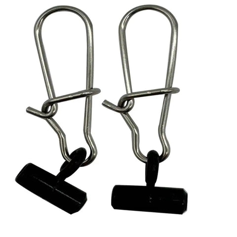 Close-up view of Sinker Sliders 50 Pack With Six Pound Duo Lock Snap For Fishing Rigs Stainless Steel Snaps And ABS Plastic Sinker Slides Saltwater Surf Tackle No Fuss Quick Swap And Easy Replacement For Sinker Weights showing two clips