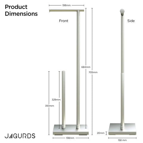 Product dimensions of Freestanding Toilet Paper Holder With Storage For Jumbo Rolls Holds Up To Four Rolls No Fuss Easy Access Stand Up Bathroom Organizer Modern Sleek Design Keeps Your Restroom Neat And Ready, shown in front and side views with measurements.