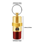 Brass 1/4 inch NPT air compressor pressure relief valve with red threaded end and attached ring, front view.