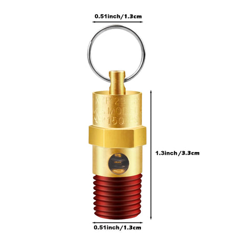 Brass 1/4 inch NPT air compressor pressure relief valve with red threaded end and attached ring, front view.