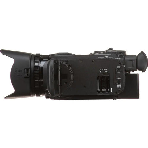 Side view of HF G70 4K Camcorder with 20x optical zoom, dual SD slots, and HDMI output, showcasing professional UHD video features.