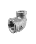 Heavy Duty Stainless Steel Class 150 Reducing Elbow 1 In By 3 4 In NPT Female Industrial Pipe Fitting ASTM A351 showing smooth curve design.